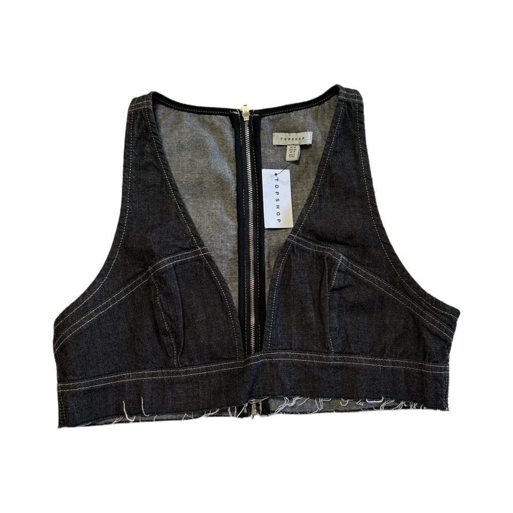 Topshop Black Denim Western Crop Top Deep V-neck Back Zipper Size 10